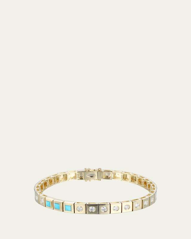 LEGGO ID 14K Gold Turquoise and Diamond Tennis Bracelet